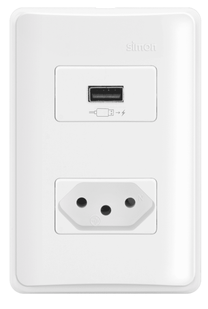 conjunto-carregador-usb-2.1a-turbo-charge-tomada-2pt-10a-250v-c-placa-suporte-simon-19-19952-30-7899191917050.png Conjunto Tomada USB 2.1A Turbo Charge + 1 Tomada 10A com Placa Simon 19 Branca - Imagem 1