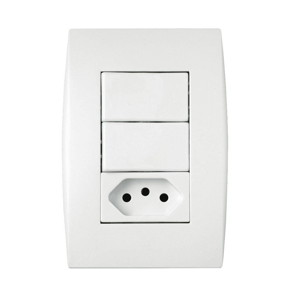 5TA99068_1.png Conjunto 2 Interruptores Simples + 1 Tomada 10A 4x2 com Placa Iriel Ilus Branca - Imagem 1